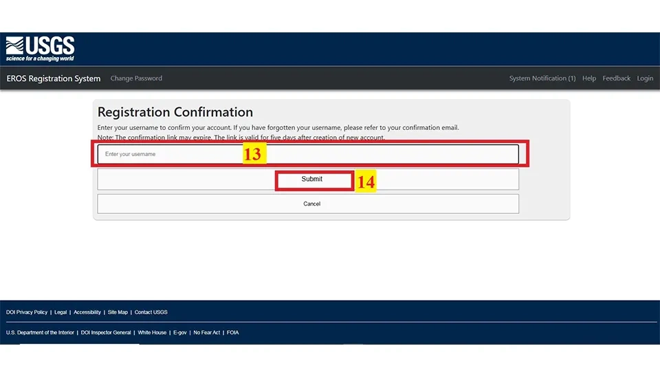 Entering the registered username to confirm the account and complete the USGS registration process.