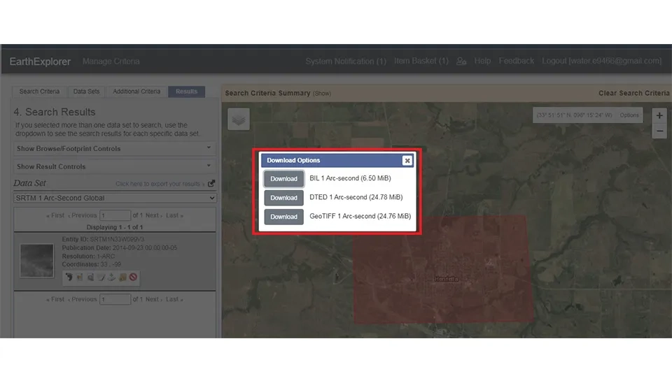 Selecting the specific format like GeoTIFF or BIL from the download options window in Earth Explorer.
