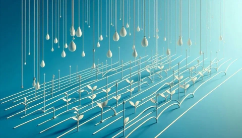 A 3D illustration shows water drops from above, feeding small plants in a drip irrigation system.