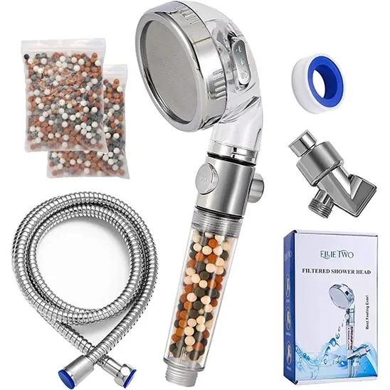 A complete filtered shower head set with a chrome hose, wall bracket, Teflon tape, and extra beads.