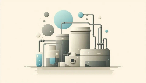 Illustration of a modern greywater treatment system with tanks, pipes, and stylized water elements.