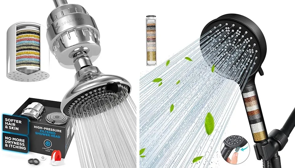Buying guide for filtered showerhead models showing handheld shower heads and replacement filters.
