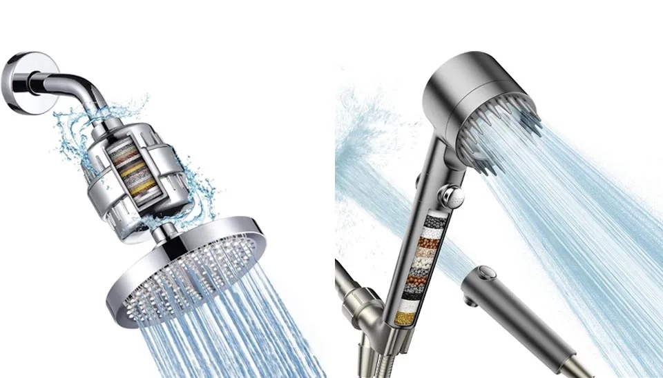 Side-by-side view of a fixed rainfall shower head filter and a handheld filtered shower head unit