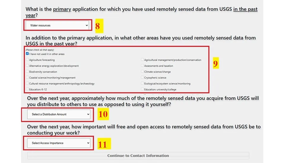 Form for selecting data applications and distribution amounts on USGS Earth Explorer registration.