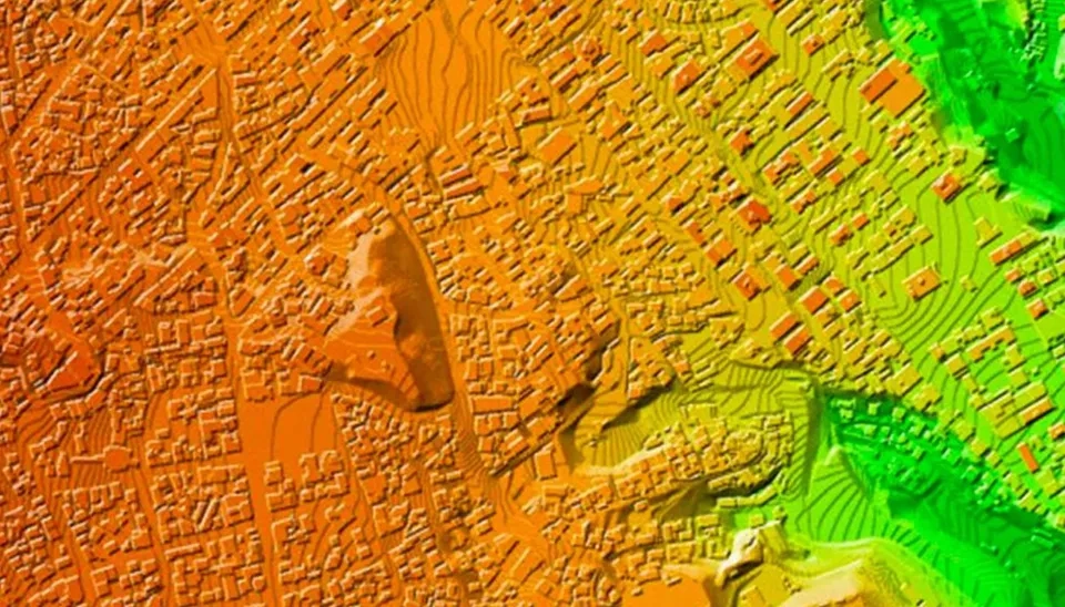 A 3D visualization of a raster Digital Elevation Model (DEM) showing terrain and surface topography.