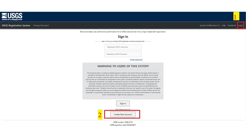 Registration page of USGS Earth Explorer for downloading high-resolution Digital Elevation Models