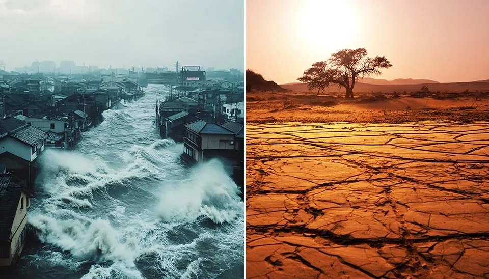 A photo comparing two scenes: a city flooded by rising water and a dry, cracked landscape, illustrating how climate change can lead to both floods and droughts.