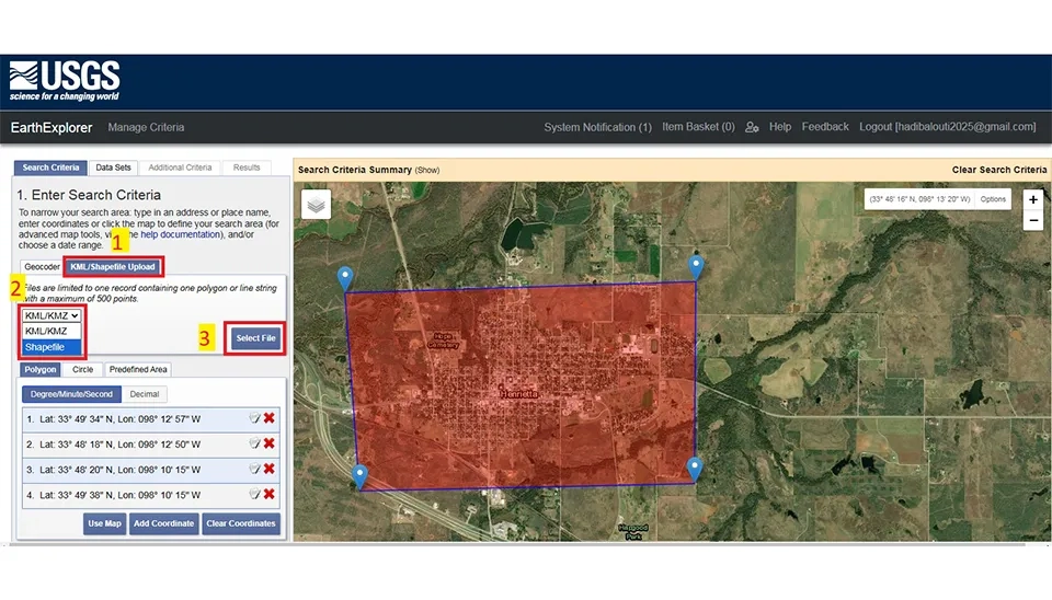 Importing external geographic files like KML or Shapefiles to define study areas in Earth Explorer.