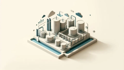 Isometric illustration of an industrial wastewater treatment plant with tanks, pipes, and light blue water channels.
