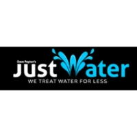 Just Water Treatment Inc. logo featuring a bright blue water splash icon and the slogan "We Treat Water For Less" on a black background