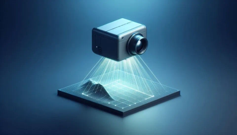 Conceptual image of LiDAR technology: a device emits light to digitally map a landscape.