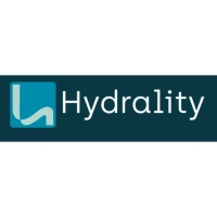 Hydrality logo featuring white sans-serif typography and a square blue wave icon on a dark teal background
