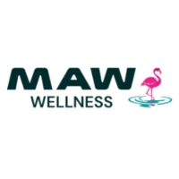 MAW WELLNESS logo featuring bold dark text and a pink flamingo standing in water, specializing in hydrogen water solutions