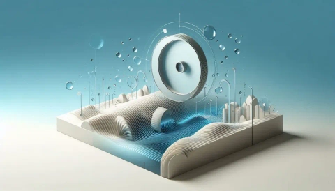 Abstract representation of Moving Bed Biofilm Reactor (MBBR) technology with a central biofilm carrier, flowing water, and data points, symbolizing advanced wastewater treatment.