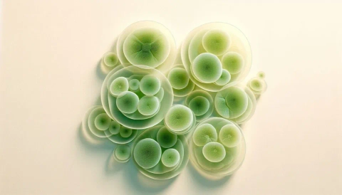 Artistic render of bright green microalgae cells forming a complex consortium against a pale background.