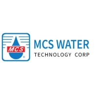 Glass entrance door and window display for MCS Water Technology showing business hours and logo