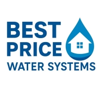Best Price Water Systems logo in bold blue text, featuring a house inside a water drop, symbolizing residential service