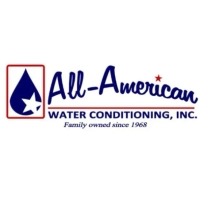 Logo for All-American Water Conditioning, Inc., featuring patriotic red, white, and blue colors and a cursive font