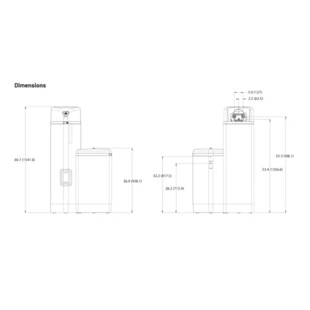 Dimensional diagram showing KENAI ProElite water softener heights and widths in inches and mm