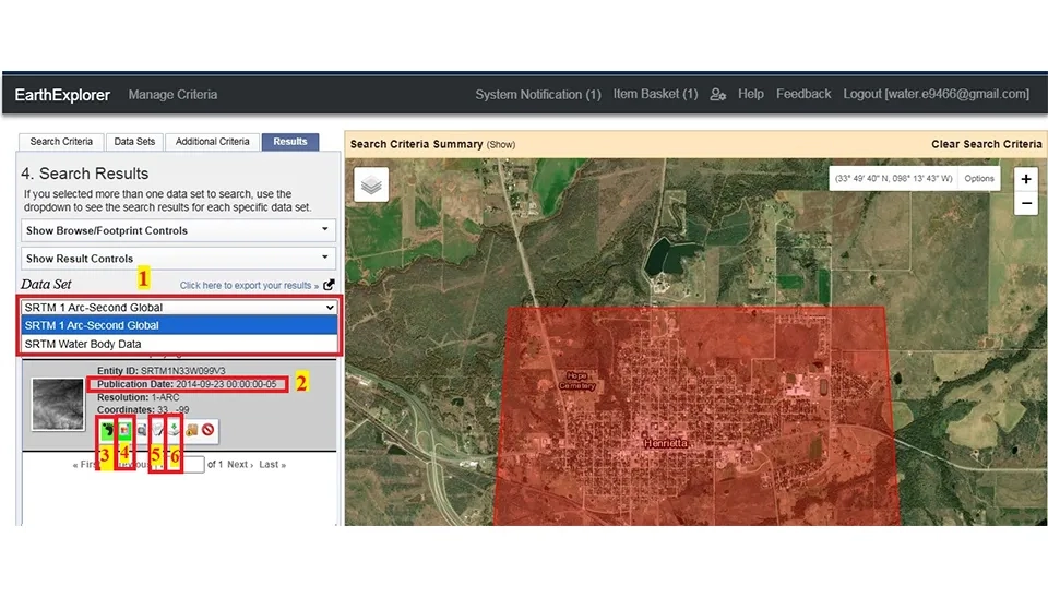 Reviewing metadata and publication dates before clicking the download option in USGS Earth Explorer.