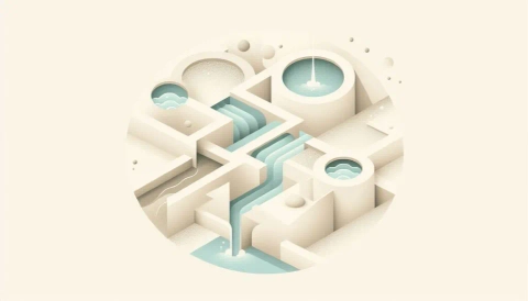 Complex water purification maze representing wastewater primary treatment.
