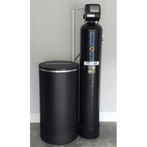 Puronics whole house water softener system featuring a sleek black media tank and brine tank