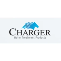 Charger Water Treatment Products logo, featuring a blue horse's head with a stylized wavy mane representing water
