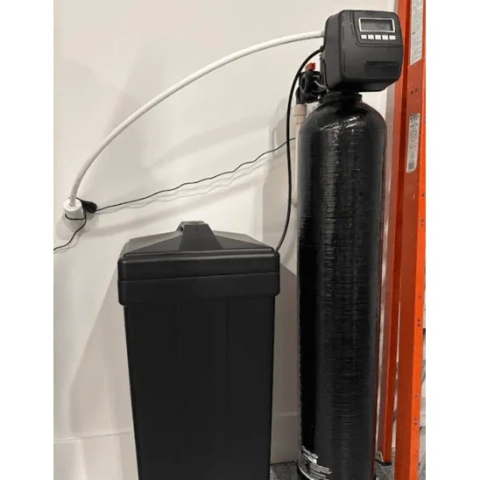 Bold City Water residential softener system with tall black resin tank and black brine tank