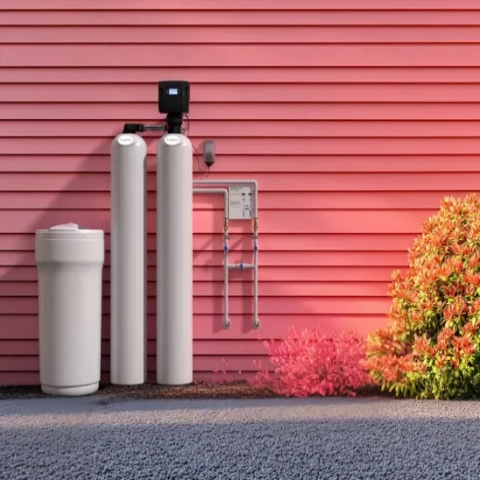 High-efficiency twin-tank water treatment system with a bypass valve installed outside a home.