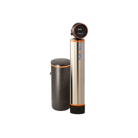 Puronics Defender water softener system with stainless steel tank and compact black brine tank.