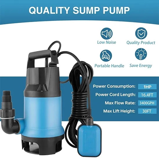 Quality 1HP blue sump pump features infographic with 3400GPH flow rate and portable handle design.