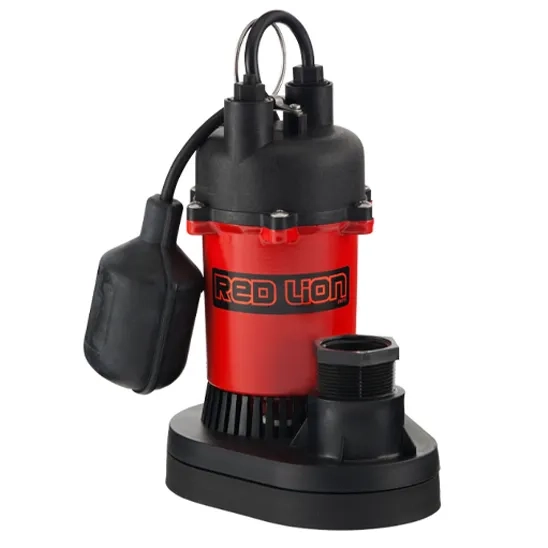 Red Lion submersible sump pump in red and black with an automatic float switch and discharge outlet.