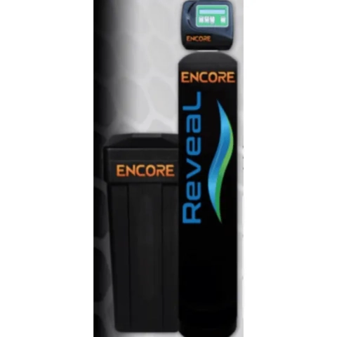 reveal water softener.png featuring a premium Encore Reveal all-in-one water treatment system with a sleek black fiberglass mineral cylinder and a matching square brine tank