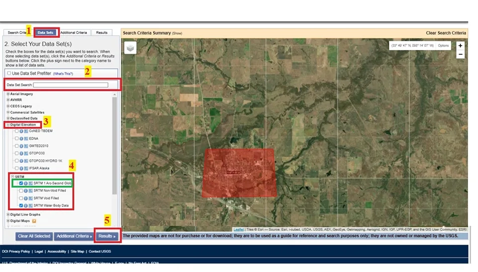 Selecting SRTM 1 Arc-Second Global from the digital elevation category for high-quality DEM downloads.