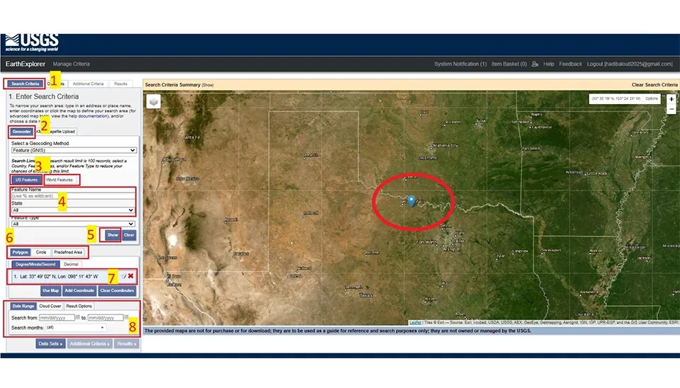 Defining the geographic area and date range for extracting high-resolution digital elevation models.