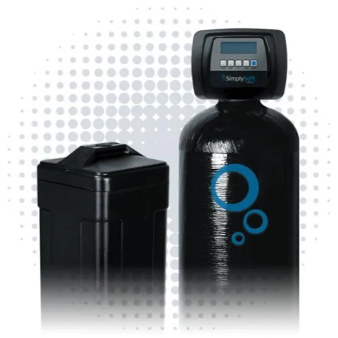 Black SimplySoft salt-based water softener for residential hard water treatment.