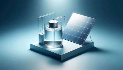 Stylized rendering of a solar water distillation system with a solar panel and a water purification chamber.