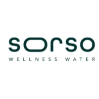 Sorso Wellness Water logo featuring minimalist typography and a stylized water drop icon, emphasizing naturally alkaline and hydrogen-rich water