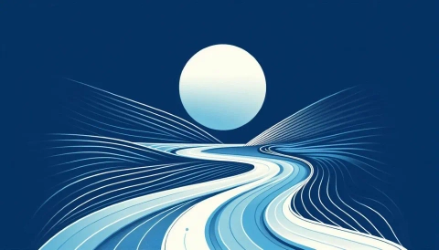 Abstract blue and white illustration of a winding river flowing under a bright full moon in a stylized landscape.