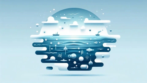An abstract illustration depicts layers of a water body with boats, clouds, and marine life amidst floating pollutants.