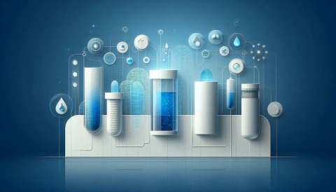 An abstract illustration showing a series of cylindrical tubes and beakers connected by dotted lines, symbolizing a multi-stage water purification process.