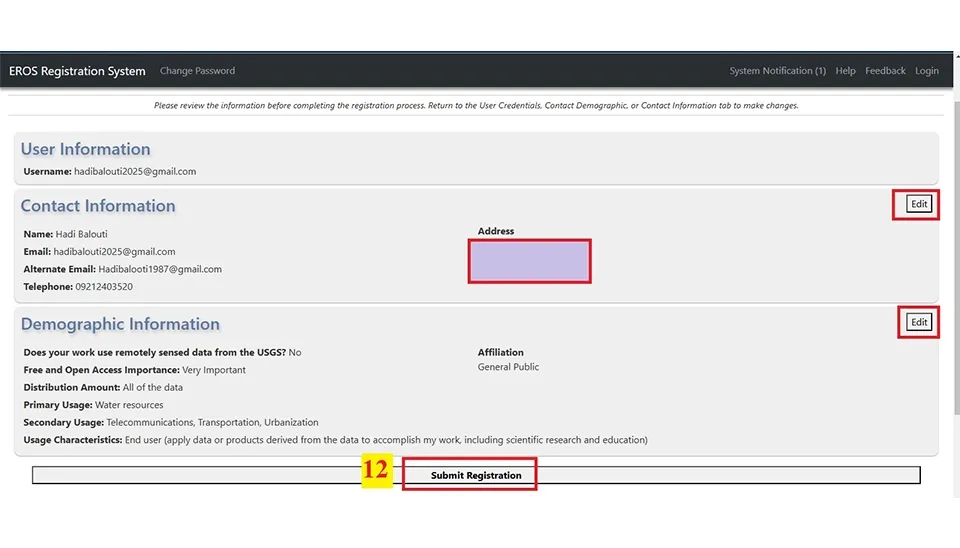 Reviewing user profile and contact details before clicking submit registration on the USGS website.