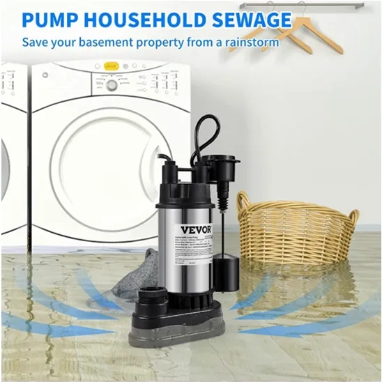 Automatic VEVOR sewage pump with float switch draining water in a laundry room to prevent flooding.