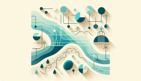 Stylized abstract illustration of water flow, data points, and allocation mechanisms with pie charts