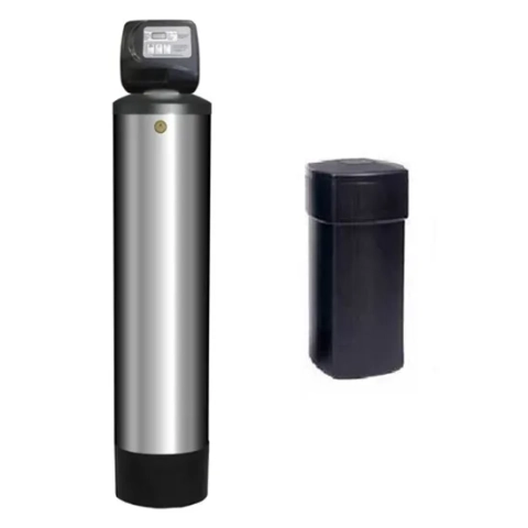 Krystal Klear Water softener with a stainless steel resin tank and black square brine tank.