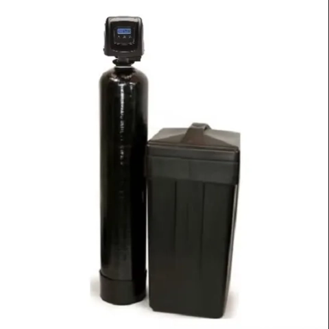 Tri State Water Inc. water softener with a black resin tank and a matching square brine tank.